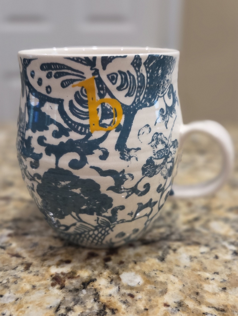 Anthropologie Homegrown Teal Blue Floral Coffee Mug Tea Cup Monogram Initial B